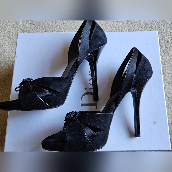 Dior Deco D'orsay Black Open Toe Satin/Suede Heels Sz 35 - Picture 5 of 8